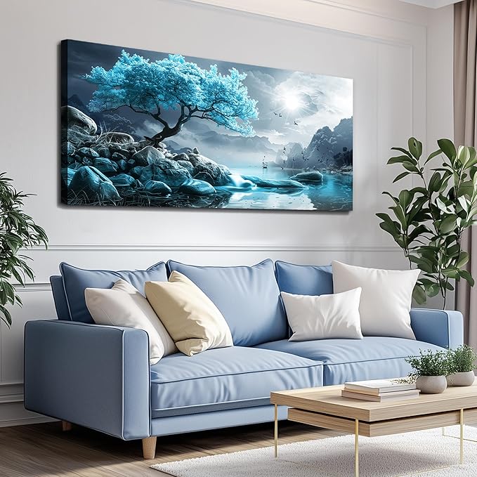 KELIYUAN Canvas Wall Art For Living Room Bedroom Wall Decor Black And White Landscape Pictures Blue Tree Wall Painting Modern Home Decoration For Room Office Works Framed Canvas Art Prints 20x40in