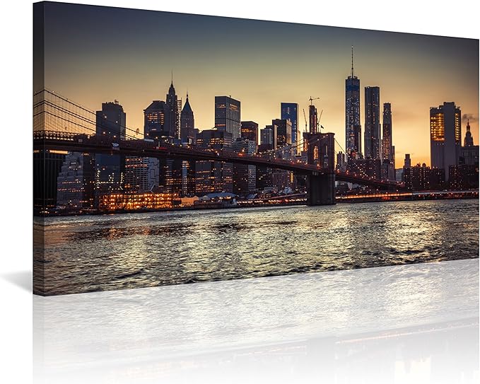 NAN Wind 1PCS New York City Skyline Canvas Wall Art Brooklyn Bridge at Sunset Golden Hour Manhattan Cityscape Pictures Canvas Artwork East River Reflection Modern Urban Home Decor Living Room Office