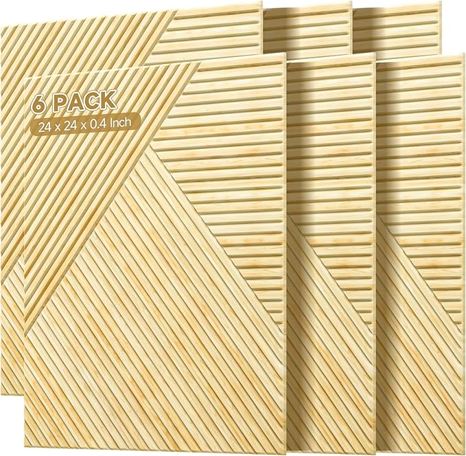 Acoustic Panels for Wall and Ceiling - 6 Pack 2'x2'x0.4",Self-Adhesive 3D UV Printing Decorative Wall Panels with Wood Look,Natural Oak