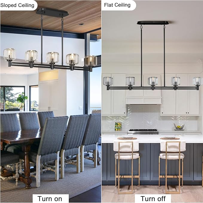 Modern Crystal Chandelier, 54" Black Rectangle Chandeliers for Dining Room, 5-Light Kitchen Island Lighting, Light Fixtures Over Table,Pendant Lighting Fixture for Dining Room Bedroom