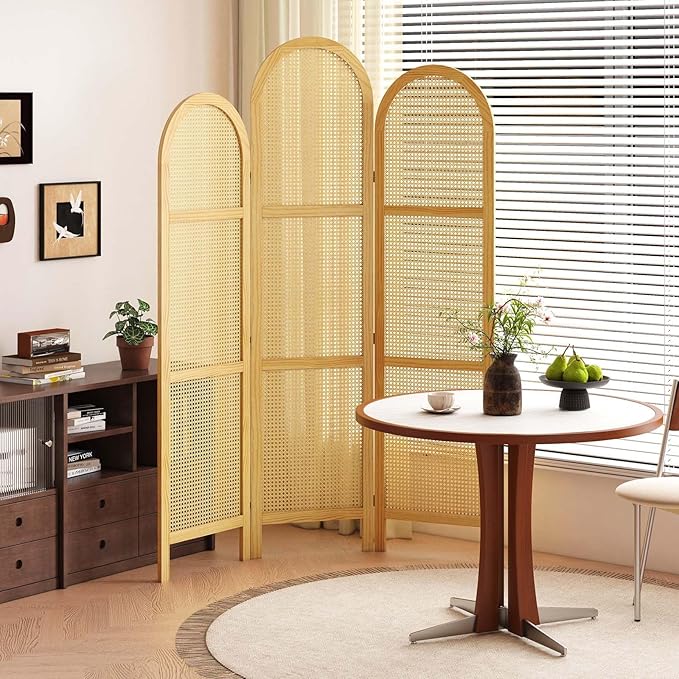3-Panel Hand-Woven Rattan Room Divider, Tall Foldable Privacy Screen with Wooden Frame - Freestanding Portable Partition for Home Office, Bedroom, Bathroom(Natural-Wave)