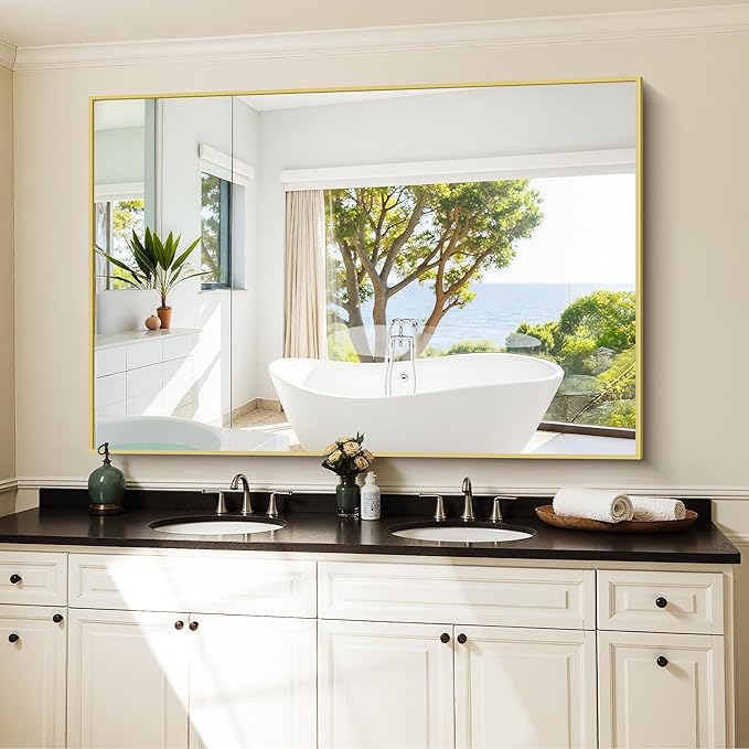 KOCUUY Large Gold Bathroom Mirror, 55x36 inch Rectangular Mirror for Bathroom Sink, Oversized Wall Mirror with Metal Gold Frame for Living Room, Farmhouse, Entryway, Hang Horizontal/Vertical