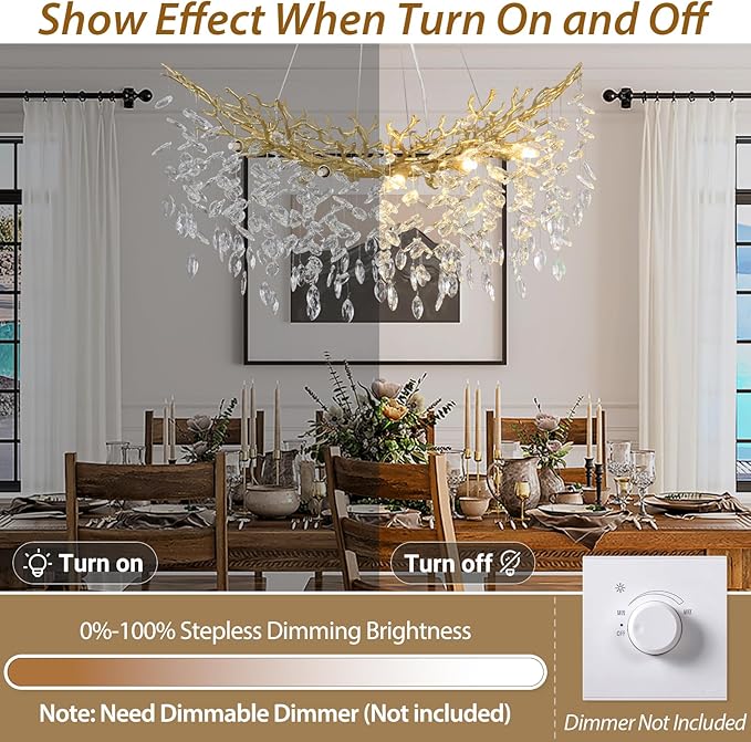 L36inch Crystal Rectangle Chandelier for Dining Room, Gold Tree Branch Chandeliers Over Table, Top K9 Crystal Modern Chandeliers for Kitchen Island,Dining Table,Luxury Rectangular Chandelier