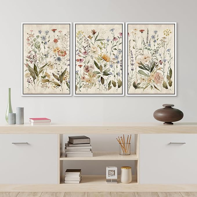 MUDECOR Framed Wall Art Print Set Blooming Wildflowers Illustrations Modern Art Decorative Colorful Chic for Living Room, Bedroom, Office - 24"x36"x3 White
