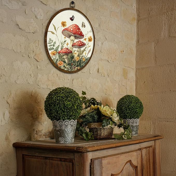 KLYTINK Vintage Fantasy Mushroom Floral Wall Art, Round Canvas Wall Hanging Decor, Fantasy Forest Botanical Illustration, for Living Room,Bedroom,office 10x10 Inch(MG09)