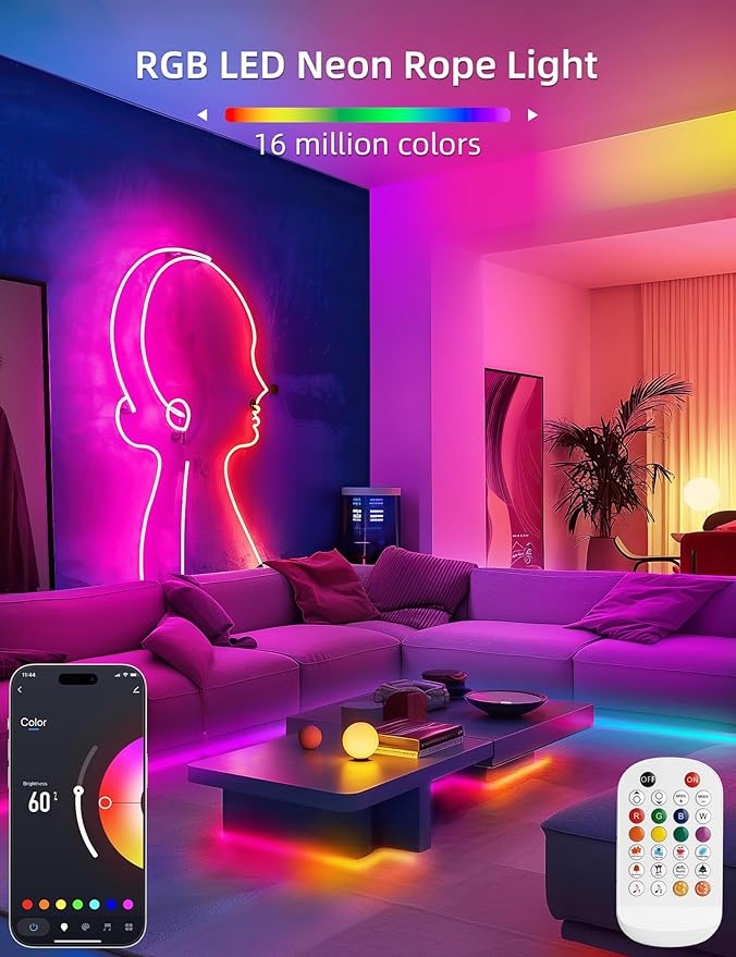 Lamomo RGB Neon LED Strip Lights, 16.4Ft Led Neon Rope Lights with App Remote Control, Music Sync, Indoor IP65, Waterproof, Flexible DIY Lights Design for Bedroom, Living, Gaming Room, Party Decor