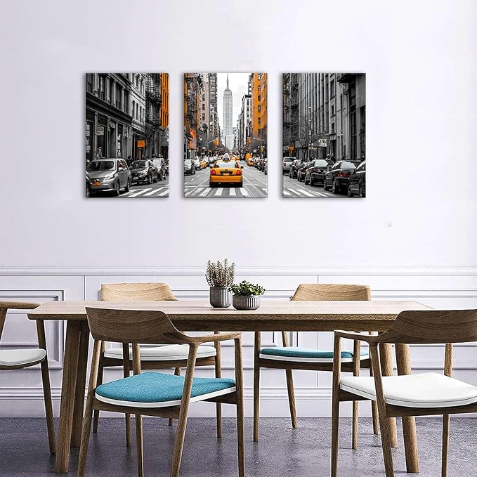Black and White Nyc Wall Art Living Room Bedroom Wall Decor Cityscape Orange Taxi Framed Canvas Contemporary Street Car Poster Print City Photography Photo Man Bathroom Interior Decoration 24x36 3pcs