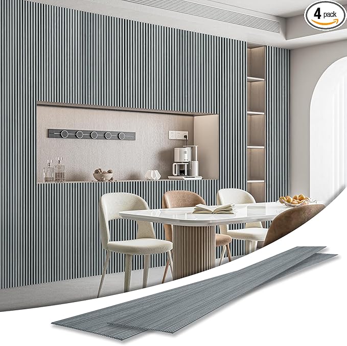 Art3d 4-Pack Glue-On Fine Bar Wainscoting Panel for Interior Wall Decor - 104 x 12 Inch Polystyrene Ultralight Slim Slat Wall Panels for Living Room Bedroom, Weathered Teak