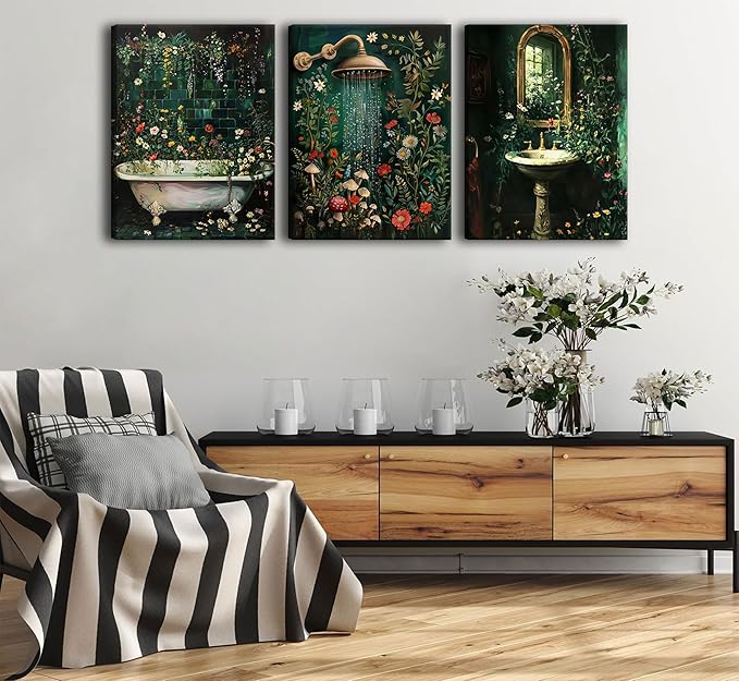 KKJ 3 Pcs Green Botanical Bathroom Canvas Wall Art, 16x24in Each, Dark Green Wildflowers, Floral Picture Wall Decor, Rural Style, Bathroom & Laundry Room Decoration
