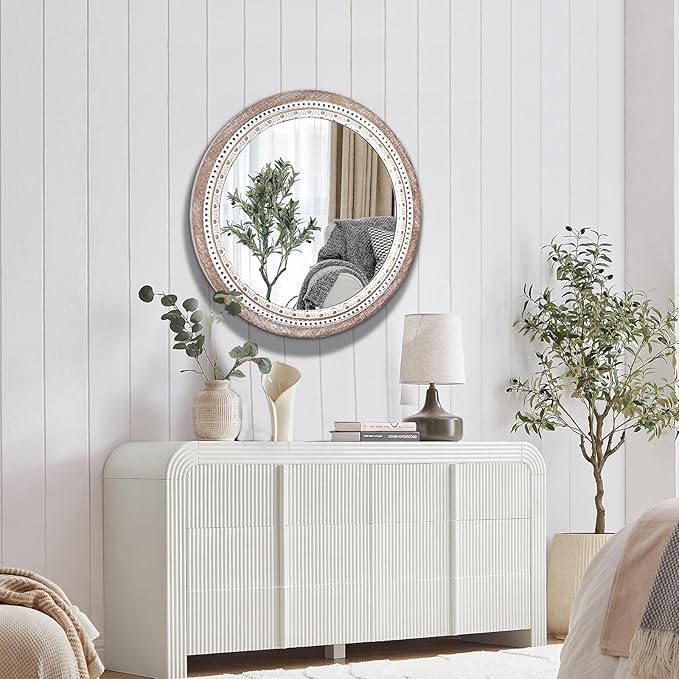 32" Farmhouse Wooden Decorative Round Mirrors for Wall Decor with Beads Frame, Rustic Large Circle Mirrors for Bathroom, Over Sink, Bedroom, Living Room, Entryway