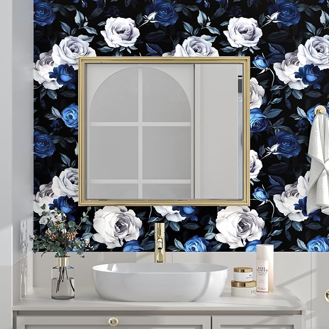 Black Foral Wallpaper Peel and Stick Dark Blue White Rose Contact Paper 17.4" x 393", Self-Adhesive Removable Vintage Flower Wall Paper for Bedroom Countertop Desk Cabinets Decor Renter Friendly