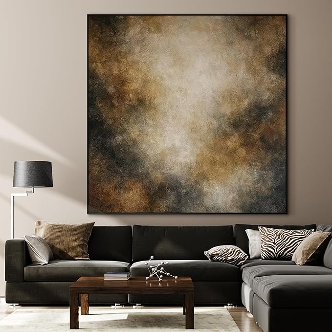 46"x46" XL Framed Wall Art - Neutral Abstract Brown and Beige Cloud-Like Painting Minimalist Foggy Forest Tranquil (Frame Assembly Required)