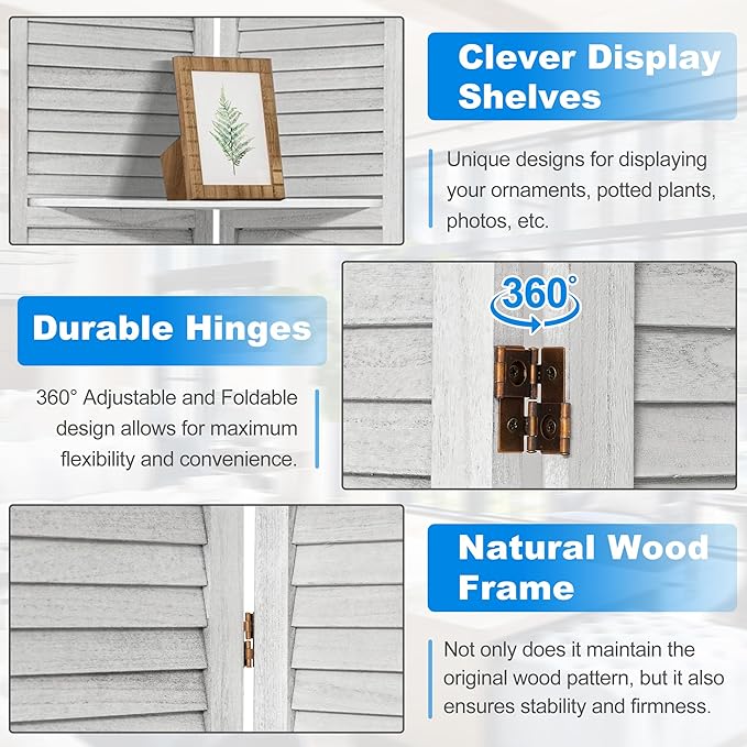 4 Panel Room Divider 5.6FT Louvered Design Room Dividers with Display Shelves Folding Privacy Screens Portable Freestanding Partition Wall Dividers for Bedroom & Office, Retro White