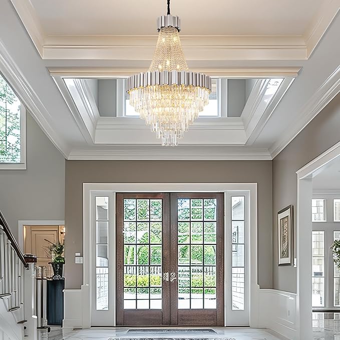 54" Long Crystal Chandelier for High Ceilings, 21-Light Modern Silver Large Chandeliers for Staircase Foyer Entryway Living Room Hallway, Luxury Top K9 Crystal Tiered Ceiling Light Fixture