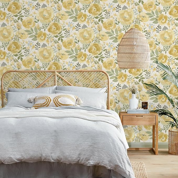 Orainege Floral Wallpaper Peel and Stick Wallpaper 16.9inx196.8in Self Adhesive Wallpaper Boho Contact Paper Removable Decorative Wall Paper for Bedroom Bathroom Shelf Liner Decor Vinyl,Yellow