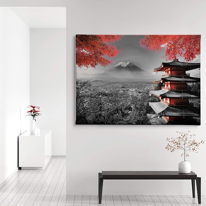 Japanese Temple in Autumn Black White Red Canvas Art Wall Art Home Decor (45in x 30in Gallery Wrapped)