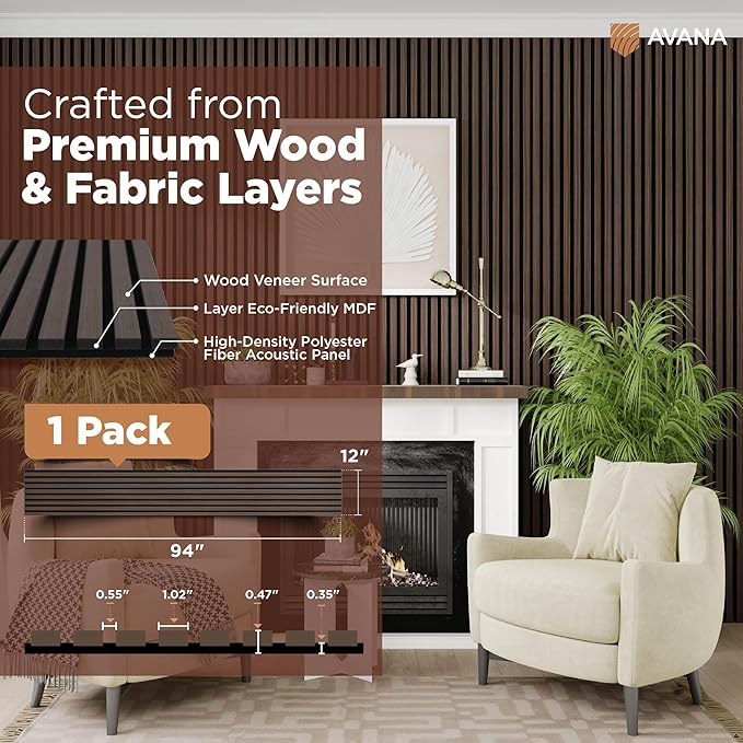 Avana Modern Acoustic Wood Wall Panels – 94.4x12.6 Inch Dark Walnut Acoustic Panels 1 PC – Wall Panels For Interior Wall Decor For Homes, Offices, Studios – Sturdy And Durable Wood Panels For Wall