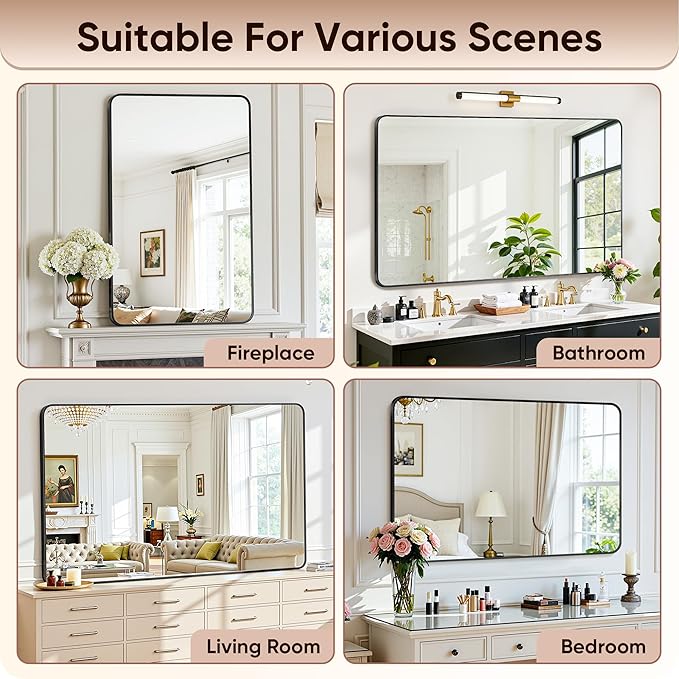 Antok Wall Mirror, 30"x48" Bathroom Vanity Mirror, Anti-Rust HD Tempered Glass, Wall Mounted Mirrors for Living Room, Entryway, Black Frame, Rect