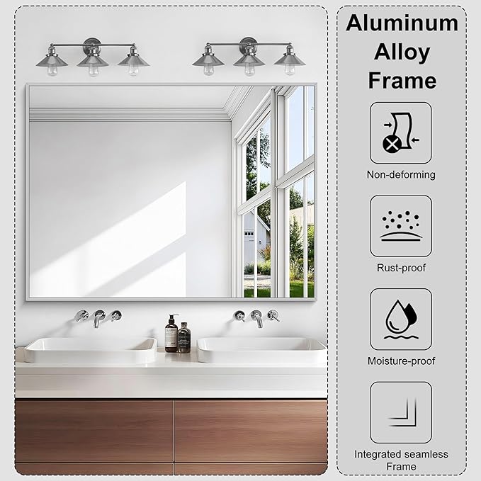 KOCUUY Silver Bathroom Mirror, 48"x36" Large Rectangle Bathroom Mirror for Wall, HD Tempered Glass, Anti-Rust Brushed Silver Frame, Modern Design for Bathroom, Bedroom, Hang Horizontal/Vertical