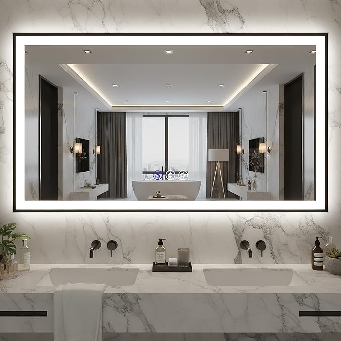 73x40 Lighted Mirrors for Bathroom Wall, Modern Rectangle Matte Black Mirror, Tempered Glass，Double Lights, 3 Colors Dimmable Temperature, IP54 Enhanced Anti-Fog, Memory (Horizontal/Vertical)