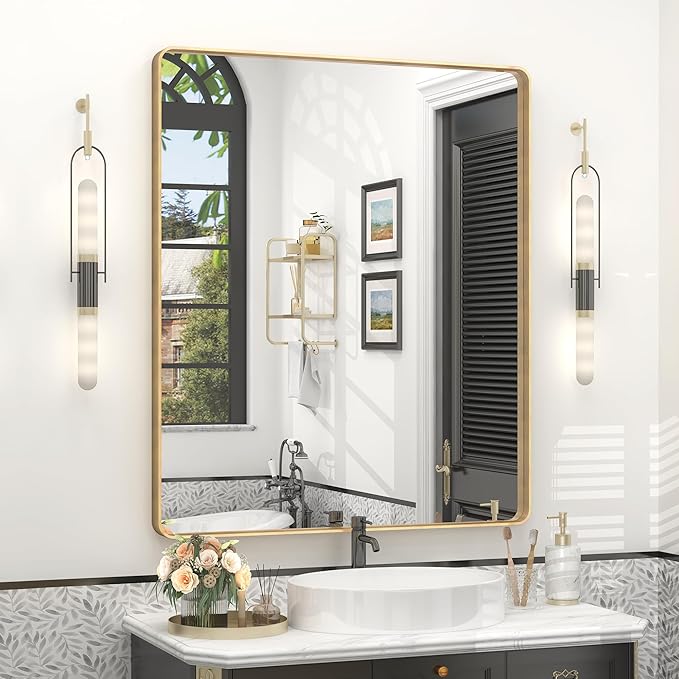 30x36 Gold Framed Bathroom Mirror, Brushed Gold Metal Vanity Mirror, Gold Rectangle Mirror for Wall, Rounded Corner, Tempered Glass, Anti-Rust, Shatterproof, Hangs Horizontally or Vertically