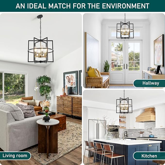 19'' Black and Gold Farmhouse Chandelier, Modern Rustic Pendant Light with Industrial for Dining Room, Kitchen Island, Entryway, Hallway