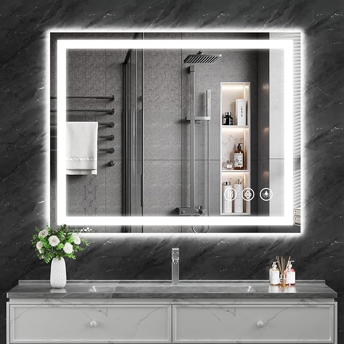 Koonmi 40"x32" LED Mirror for Bathroom, 90CRI Anti-Fog Vanity Mirror with Front and Backlight, Shatter-Proof Wall Mirror with Light, Easy Install Lighted Mirror for Modern Bathroom (IP65)