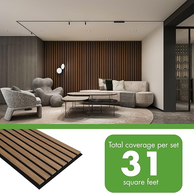 Art3d 4-Pack 12" x 93" Soundproof Wood Slat Panels, 31 sq.ft Acoustic Wall Panels, 3D Wall Panels with Wood Slat Design, Decorative Wood Wall Panel for Accent Walls-Deep Walnut