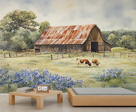 Oak Grove Mural Wallpaper, Vintage Farm Murals, Modern Watercolor Wall Art Murals Wallpaper for Living Room Bedroom Home Decor Mural - 110" W x 108" H (Not Peel Stick)