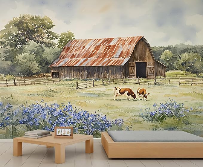 Oak Grove Mural Wallpaper, Vintage Farm Murals, Modern Watercolor Wall Art Murals Wallpaper for Living Room Bedroom Home Decor Mural - 137.8" W x 129" H (Not Peel Stick)