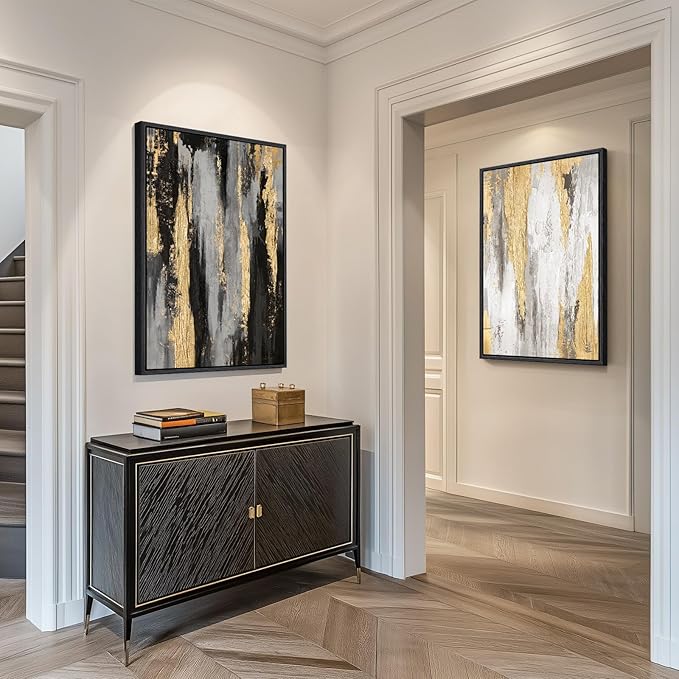 Large Framed Black and White Abstract Wall Art for Living Room, Set of 2 Piece Minimalist Canvas Prints Paintings Artwork for Walls, Modern Black Gold Pictures for Hallway Office Wall Decor Big Size 24x36 In