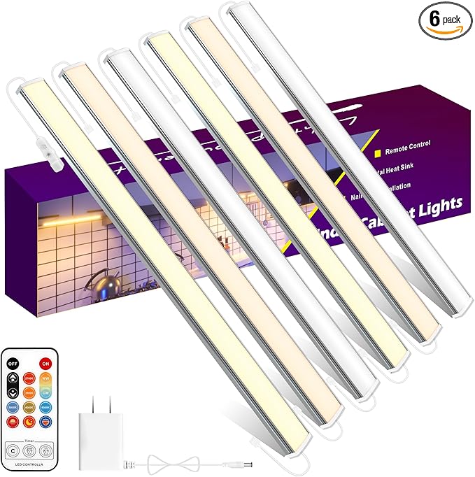 maylit Under Cabinet Lights Plug in, 6 Pcs 12 Inch Multi-Color Under Cabinet Lighting, Super Bright Under Counter Lights for Kitchen, Ultra Thin Dimmable Light for Cabinet, Counter, Workbench, Desk