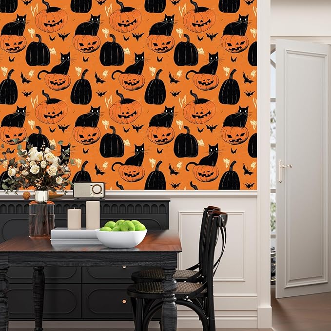 Cat Peel and Stick Wallpaper Boho Pumpkin Contact Paper Orange Floral Removable Self Adhesive Waterproof Wall Paper for Cabinet Drawers Wall Decor Renter Friendly 17.5''x118''