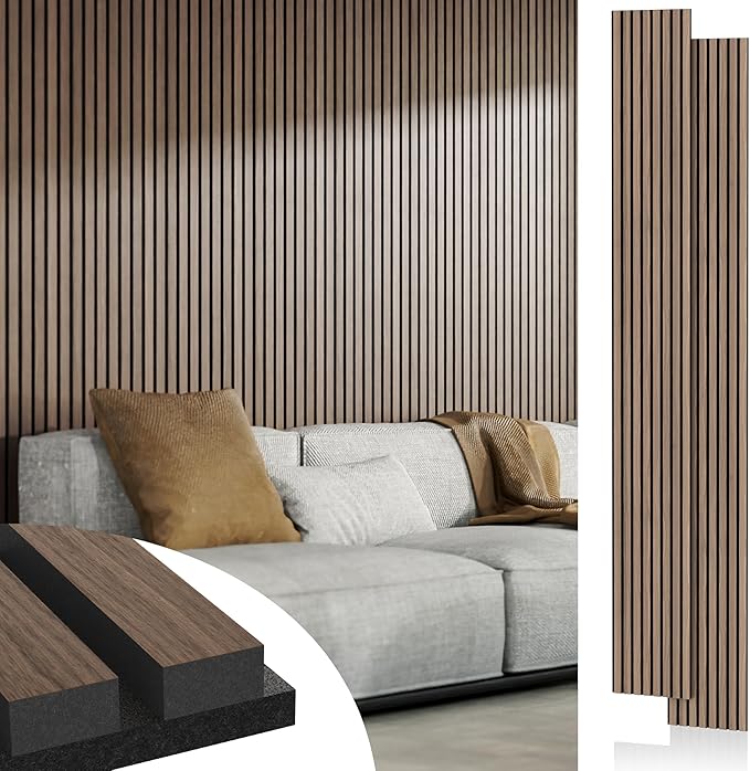 Acoustic Wood Wall Panels, 2-PC 94.49 x 12.6 in Soundproof Wood Wall Panels for Decor, Wood Slat Wall Panels for Wall Decor, Walnut