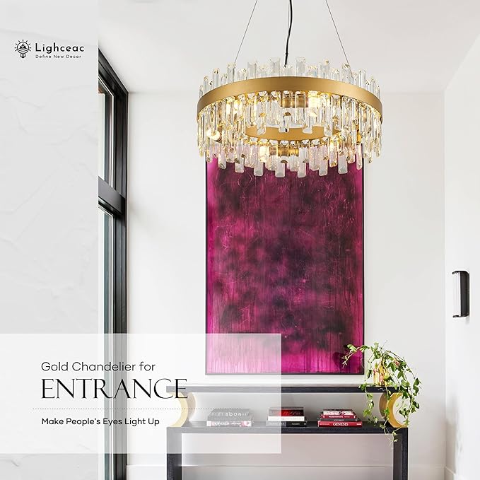 21.7" Gold Modern Crystal Chandelier Light Fixtures Luxury 2 Rings Crystal Chandeliers for Dining Room 12-Light Round Hanging Pendant Lighting for Living Room Kitchen Island Entryway Bedroom