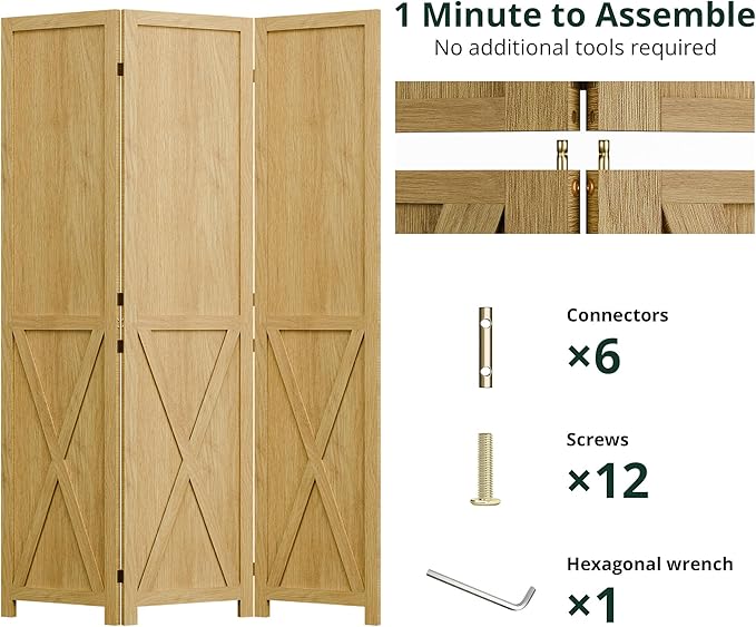 Cozy Castle Wood Room Divider, 3 Panel 66.9 Inch Privacy Screen, Folding Wall Divider, Barnwood Room Separator, Freestanding Partition, Temporary Wall for Decorative, Natural