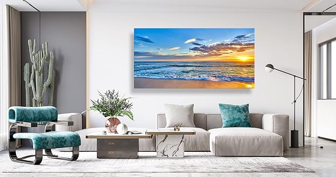 Aibonnly Wall Art Canvas Painting Seaside Sunset over the beaches 1 Piece blue sea view Ocean Picture Poster Print Framed and Stretched Ready to Hang for Living Room Bedroom Kitchen Office