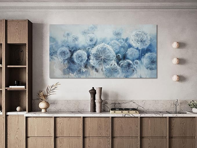 Arjun Large Wall Ar for Living Room, Dandelion Painting Flower Indigo Floral Canvas Art Wall Decor, Blue and White Textured Bedroom Artwork Framed for Home Office, Oversize 58"x29"