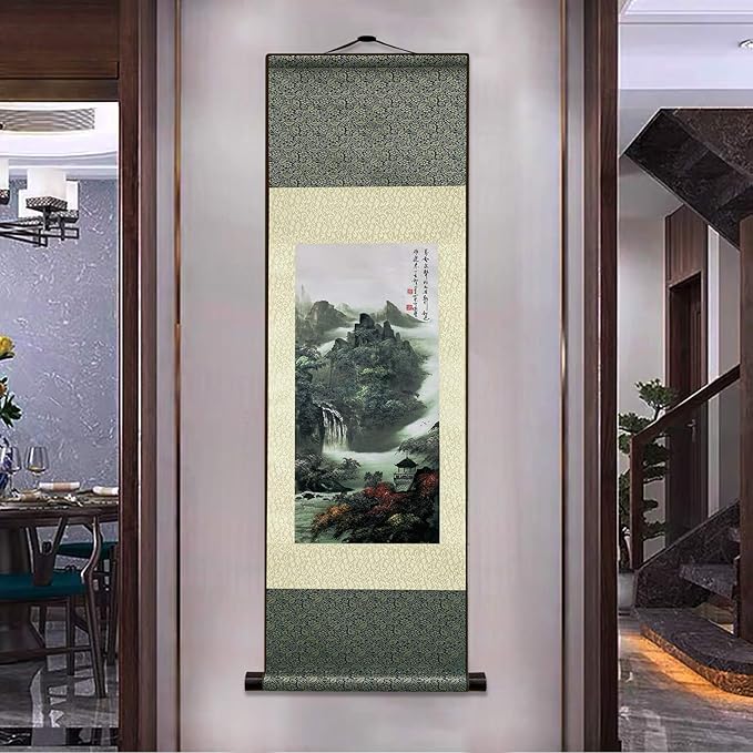 AtfArt Asian Wall Decor - Beautiful Silk Scroll Painting of Waterfall River Landscape - Mountain Spring Autumn Color Oriental Decor Chinese Art Wall Scroll Hanging (36.2 x 12 in)