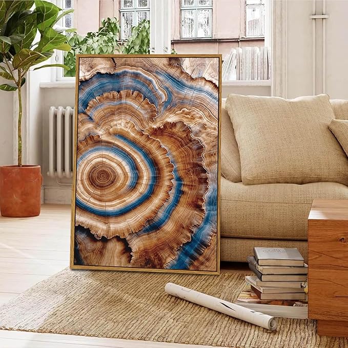 BingruiArt Large Framed Tree Ring Wall Art Wood Canvas Colorful Boho Wall Decor Rustic Artwork Abstract Painting Farmhouse Picture Nature Print for Living Room Bedroom Bathroom 24"x36" Natural Framed(10)