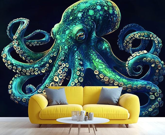 Blue-Green Octopus Wall Murals, Tentacles Mural Wallpaper, Marine Life Wall Decor, Fantasy Ocean Mural for Bedroom, Octopus Wallpaper for Living Room 78"（W） x 39"（H）