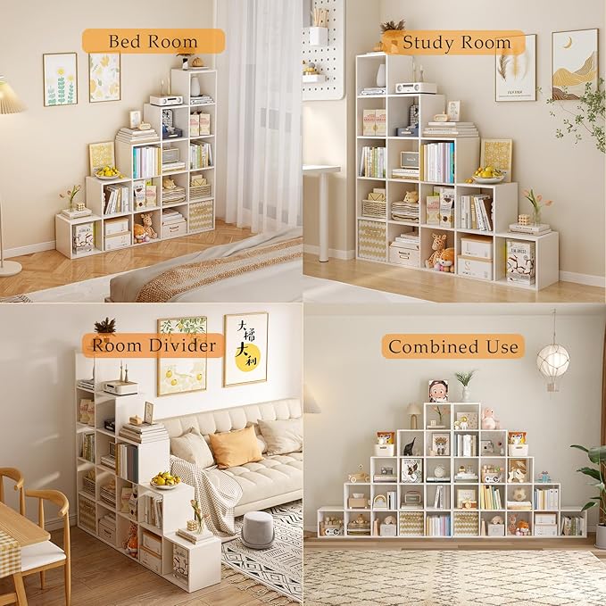 Ladder Cube Storage Bookcase - Wooden L-Shaped 5-Tier Corner Shelf, Reversible 15-Cube Organizer for Home & Office, White