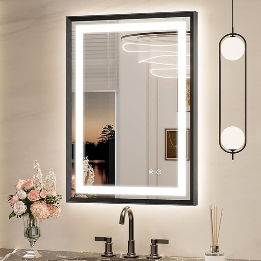 Keonjinn 22 x 30 Inch Black Bathroom Mirror with Frontlit & Backlit, LED Bathroom Mirrors for Over Sink, Shatter-Proof Tempered Glass, Metal Framed Beveled Edge, 3 Color Lights, Dimmable, Defogging