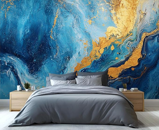 Blue Gold Marble Mural Wallpaper, Modern Fashion Marble Murals, Abstract 3D Texture Murals Wallpaper for Living Room Bedroom Tv Background Wall Home Decor Mural (Not Peel Stick)