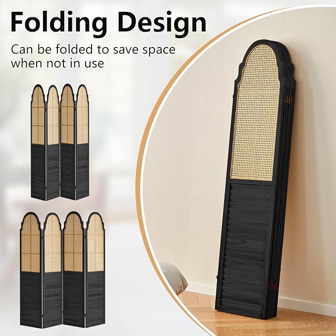 4 Panel Rattan Room Divider Panel, 5.6Ft Partitions and Dividers, Louvered Partition Divider, Room Dividers Screen, Solid Wood Frame, Folding Screen, Bedroom, Family Room, Black
