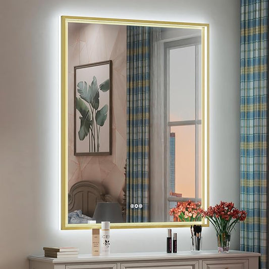 28x36 Inch Gold LED Bathroom Mirror with Front and Back Lights, Adjustable 3000K/4500K/6000K, Wall Mounted Lighted Bathroom Vanity Mirror, Dimmable, Anti-Fog, Horizontal/Vertical