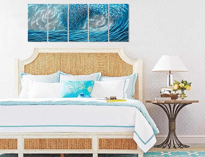BATRENDY ARTS Blue Waves Metal Wall Art 3D Beach Ocean Hanging Scuplture Hand Polished Aluminium Painting for Living Room Bedroom Decor Ready to Hang