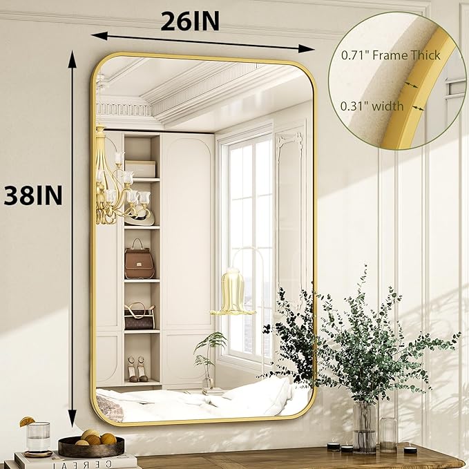 26 x 38 Inch Bathroom Mirror, Rounded Rectangular Vanity Mirror for Wall, Modern Mirror for Room Decor, Gold Framed Wall-Mounted Mirrors for Home Decor, Hangs Horizontally or Vertically