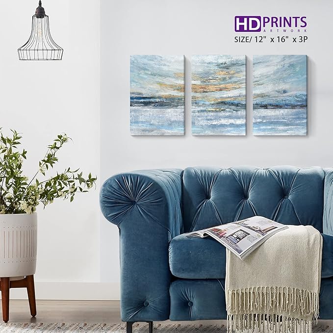 Abstract Canvas Wall Art for Bedroom 3 Piece Ocean Painting Coastal Theme Artwork Blue and Yellow Sunset & Sunrise on the Beach Seascape Picture for Bathroom Living Room Light 12x16inchx3 panel