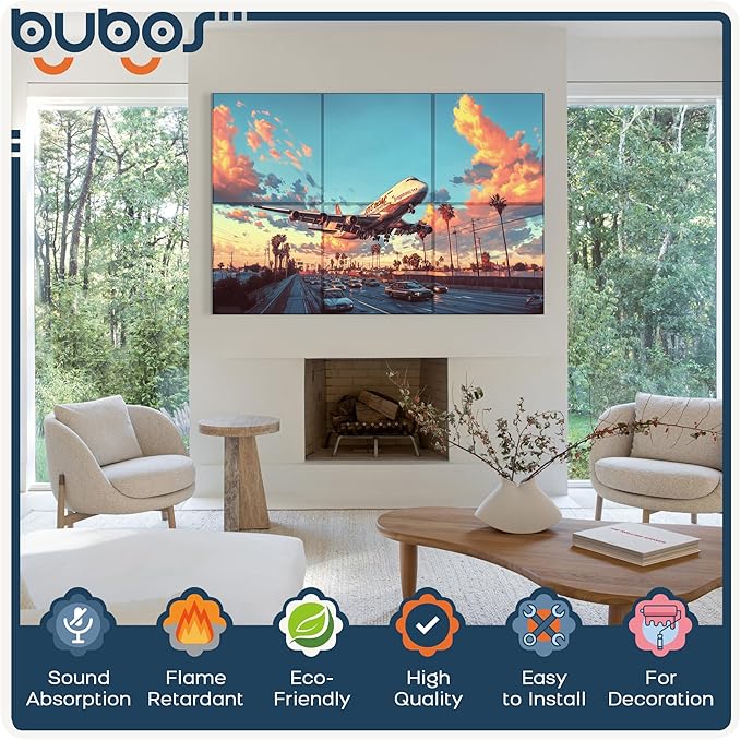 BUBOS 6 Pack Art Acoustic Panels Soundproof Wall Panel,70.8X47.2 Inches Large Absorbing Panel,Self-Adhesive Decorative Acoustical Panels, Acoustic Treatment for Home（Urban Wings）